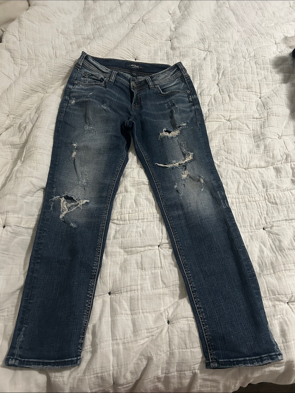 Silver Jeans Distressed Straight Leg Jeans — Dark Blue Wash